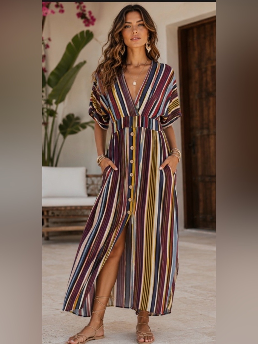 Harper Heritage Boho Striped V-Neck Vacation Boho Maxi Multicolor Dress Small